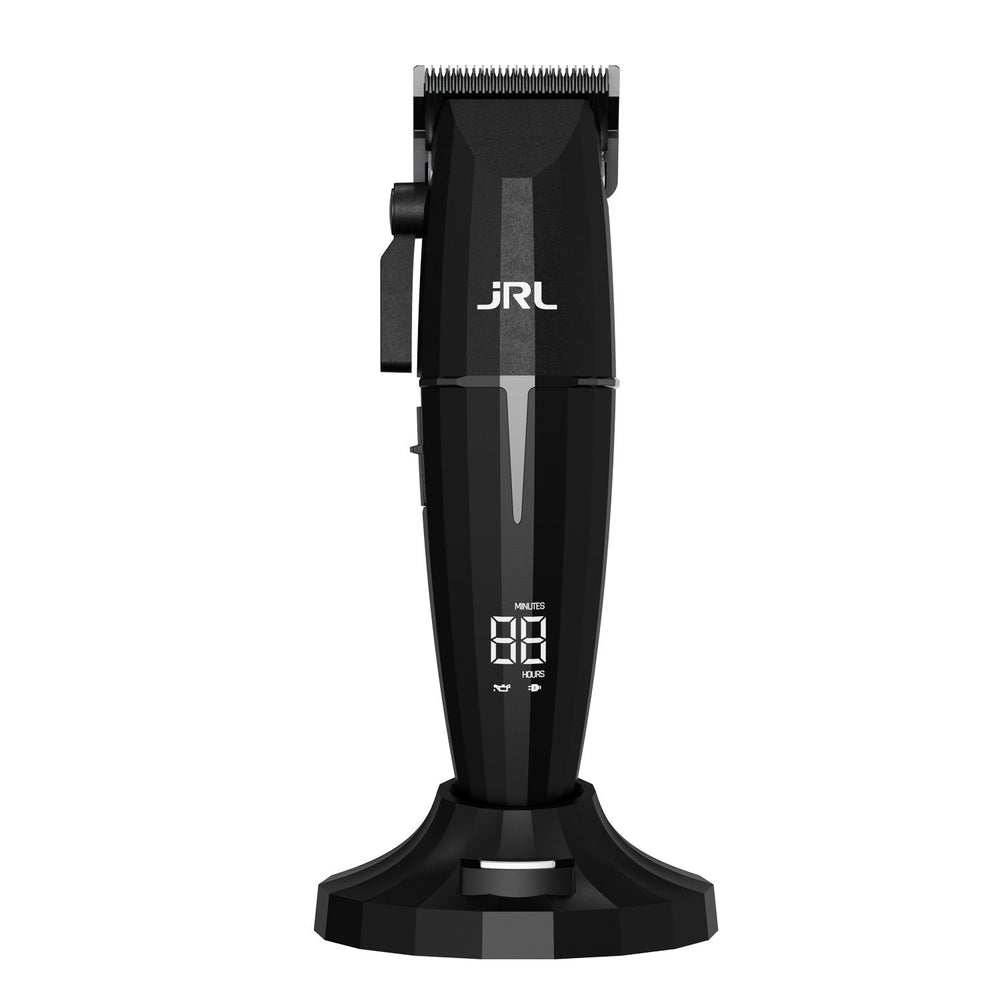 Front view of the JRL Onyx Professional Cordless Hair Clipper on its charging dock with LED battery display